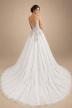 Glamorous White Floral Applique A-Line Tulle Wedding Dress with Train ZP066