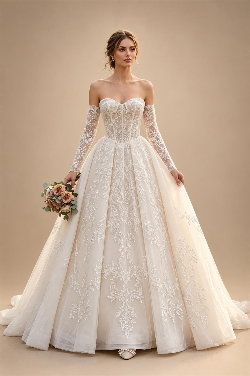 Elegant Ivory Strapless Corset Lace Tulle Bridal Gown Wedding Dress with Long Detachable Sleeves ZP067