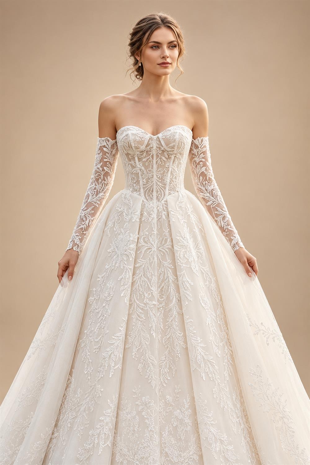 Elegant Ivory Strapless Corset Lace Tulle Bridal Gown Wedding Dress with Long Detachable Sleeves ZP067