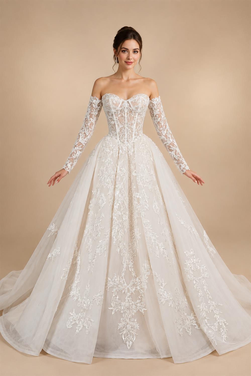 Elegant Ivory Strapless Corset Lace Tulle Bridal Gown Wedding Dress with Long Detachable Sleeves ZP067