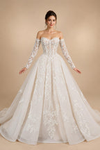 Elegant Ivory Strapless Corset Lace Tulle Bridal Gown Wedding Dress with Long Detachable Sleeves ZP067