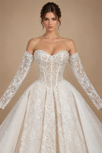Elegant Ivory Strapless Corset Lace Tulle Bridal Gown Wedding Dress with Long Detachable Sleeves ZP067