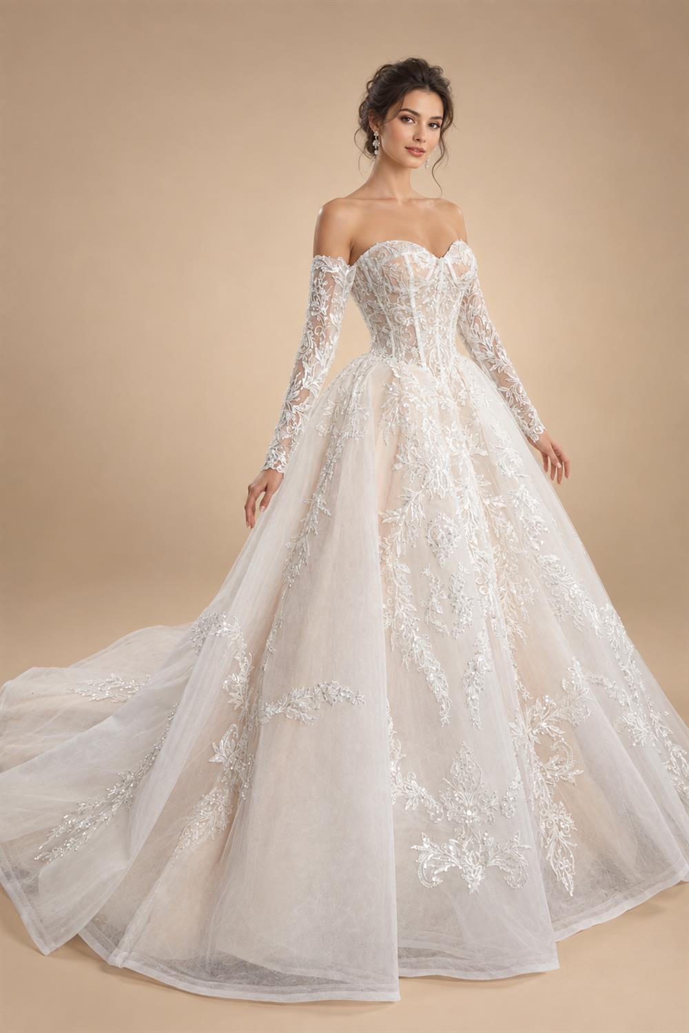 Elegant Ivory Strapless Corset Lace Tulle Bridal Gown Wedding Dress with Long Detachable Sleeves ZP067