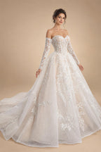 Elegant Ivory Strapless Corset Lace Tulle Bridal Gown Wedding Dress with Long Detachable Sleeves ZP067