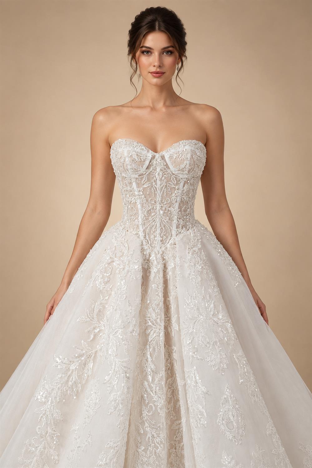 Elegant Ivory Strapless Corset Lace Tulle Bridal Gown Wedding Dress with Long Detachable Sleeves ZP067