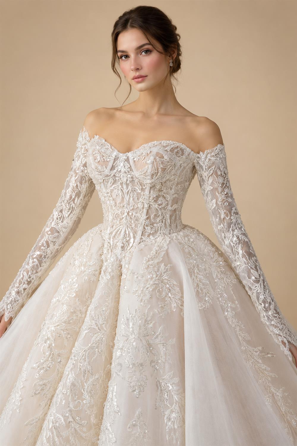 Elegant Ivory Strapless Corset Lace Tulle Bridal Gown Wedding Dress with Long Detachable Sleeves ZP067