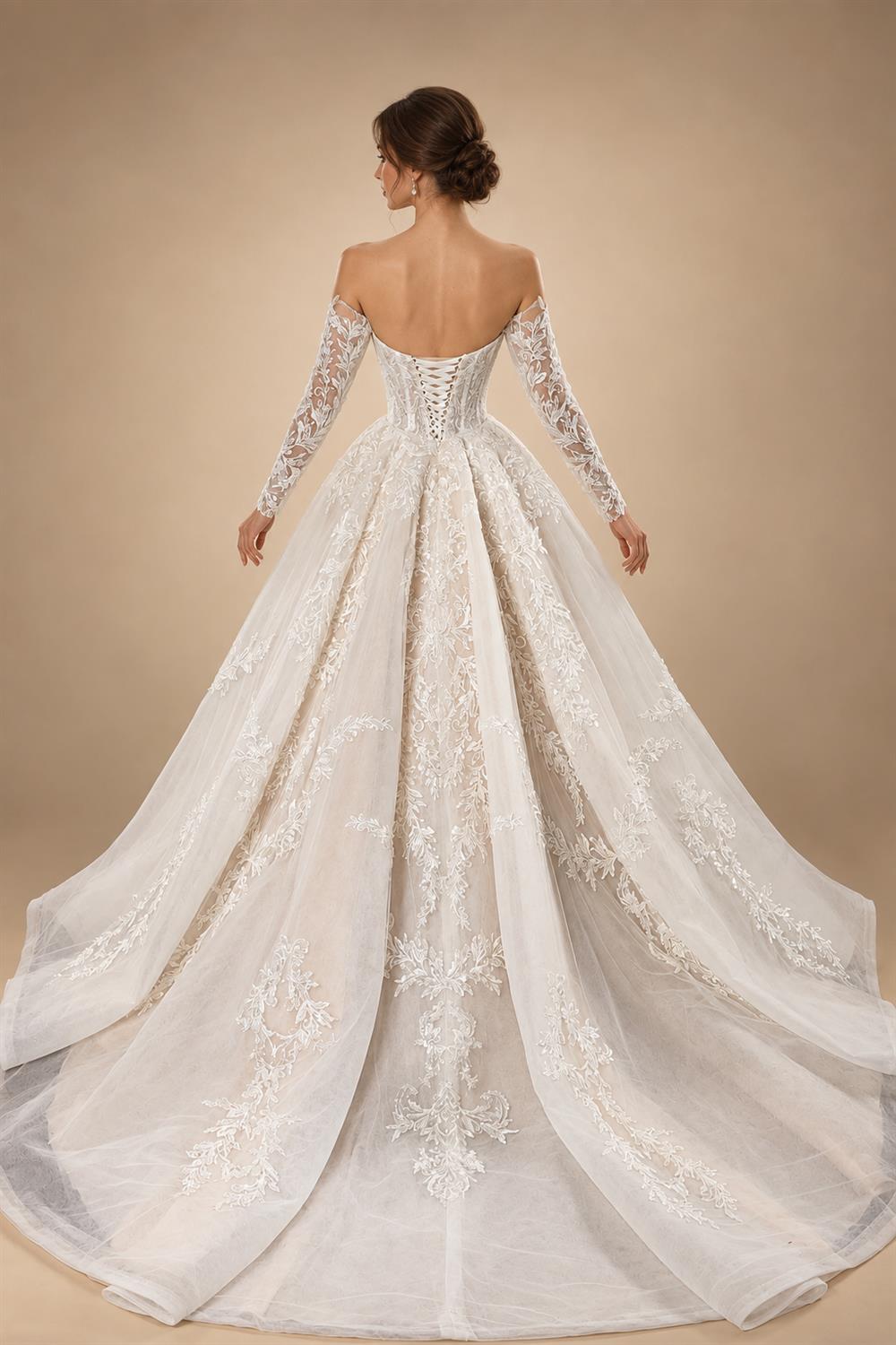 Elegant Ivory Strapless Corset Lace Tulle Bridal Gown Wedding Dress with Long Detachable Sleeves ZP067