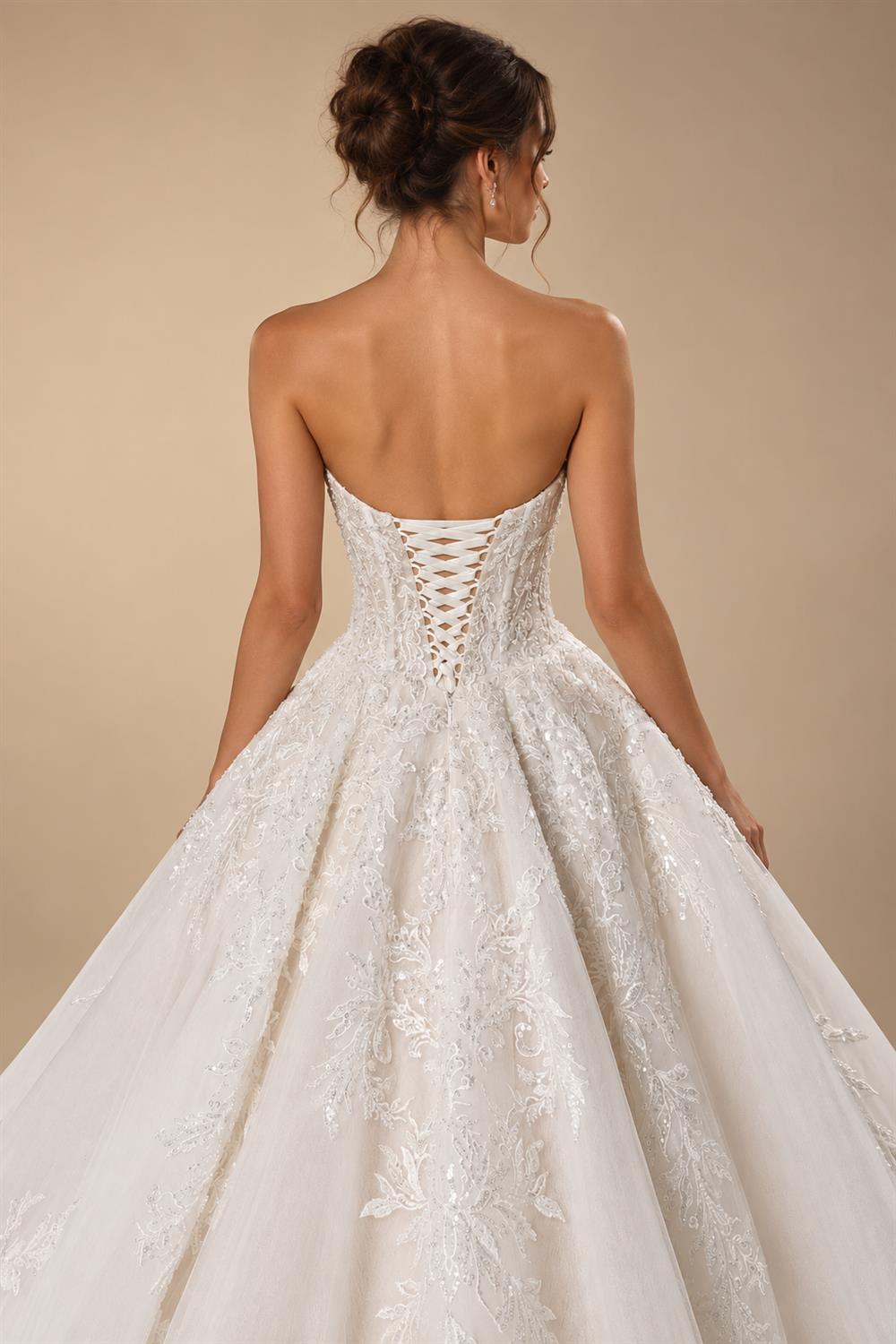 Elegant Ivory Strapless Corset Lace Tulle Bridal Gown Wedding Dress with Long Detachable Sleeves ZP067