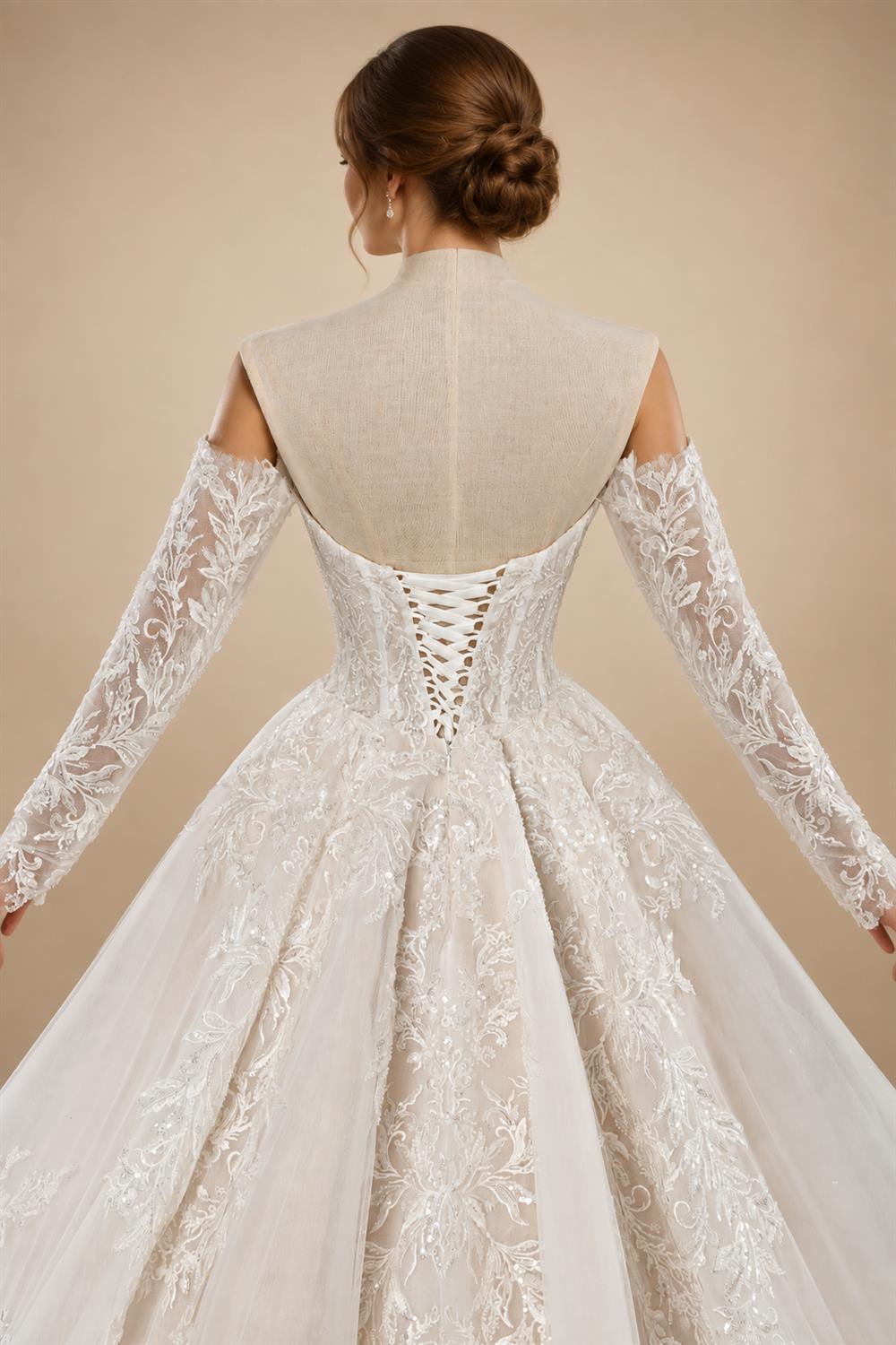 Elegant Ivory Strapless Corset Lace Tulle Bridal Gown Wedding Dress with Long Detachable Sleeves ZP067