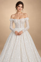 Luxury White Off-the-Shoulder Long Sleeve Lace Tulle Ball Gown Wedding Dress ZP068