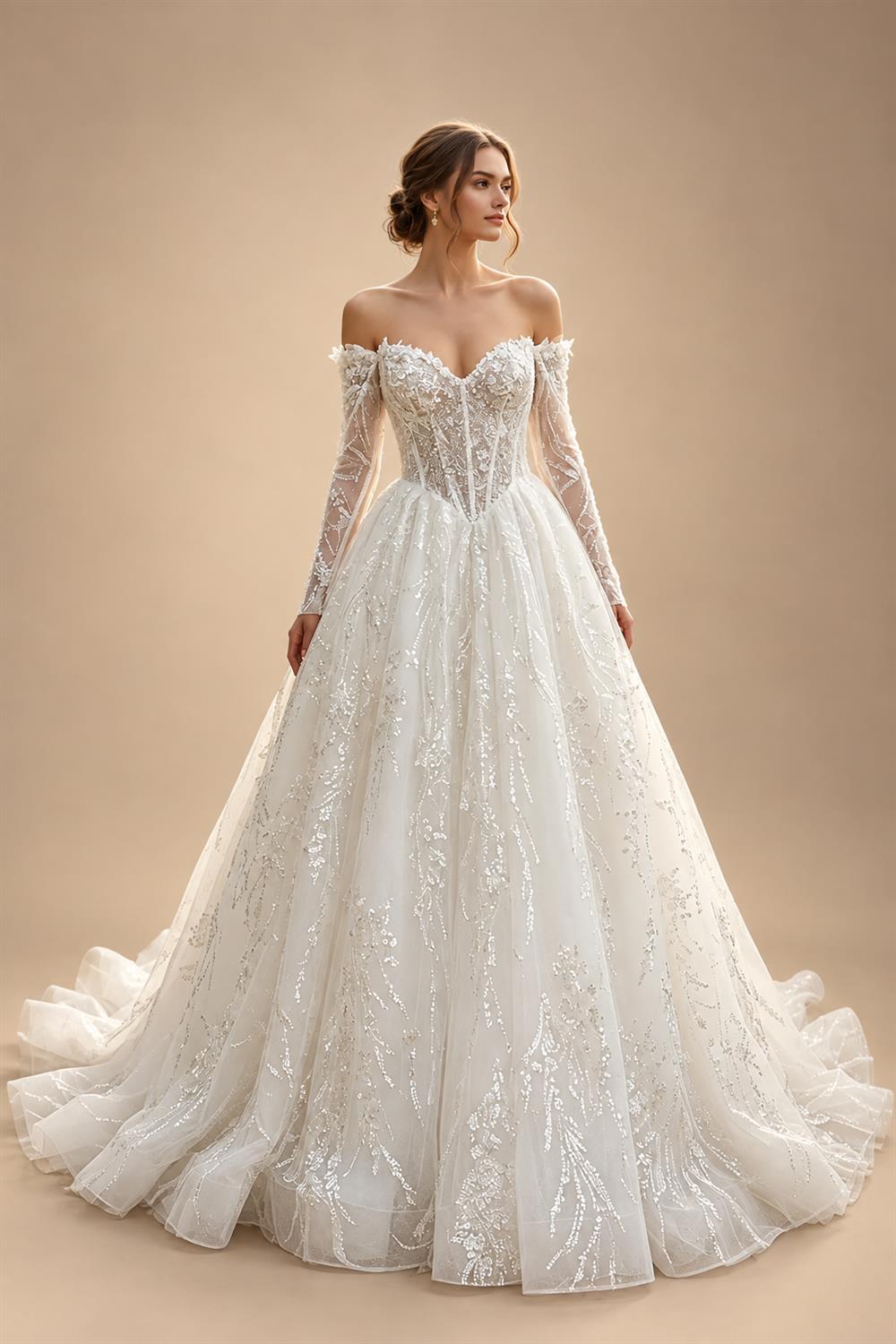 Luxury White Off-the-Shoulder Long Sleeve Lace Tulle Ball Gown Wedding Dress ZP068