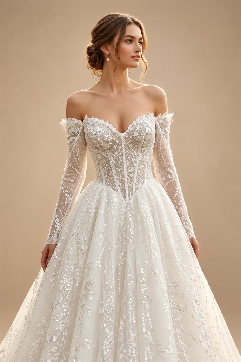 Luxury White Off-the-Shoulder Long Sleeve Lace Tulle Ball Gown Wedding Dress ZP068
