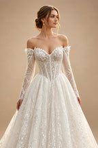 Luxury White Off-the-Shoulder Long Sleeve Lace Tulle Ball Gown Wedding Dress ZP068