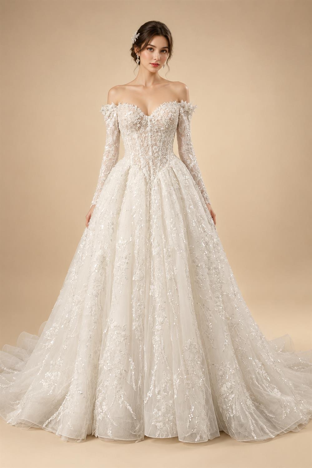 Luxury White Off-the-Shoulder Long Sleeve Lace Tulle Ball Gown Wedding Dress ZP068