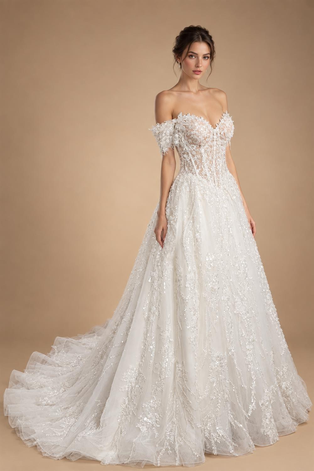 Luxury White Off-the-Shoulder Long Sleeve Lace Tulle Ball Gown Wedding Dress ZP068