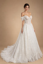 Luxury White Off-the-Shoulder Long Sleeve Lace Tulle Ball Gown Wedding Dress ZP068