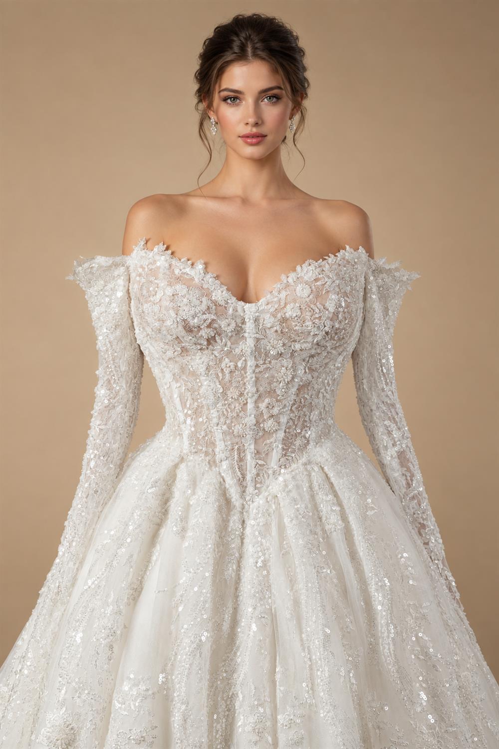 Luxury White Off-the-Shoulder Long Sleeve Lace Tulle Ball Gown Wedding Dress ZP068