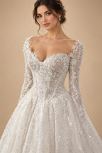 Luxury White Off-the-Shoulder Long Sleeve Lace Tulle Ball Gown Wedding Dress ZP068