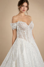 Luxury White Off-the-Shoulder Long Sleeve Lace Tulle Ball Gown Wedding Dress ZP068