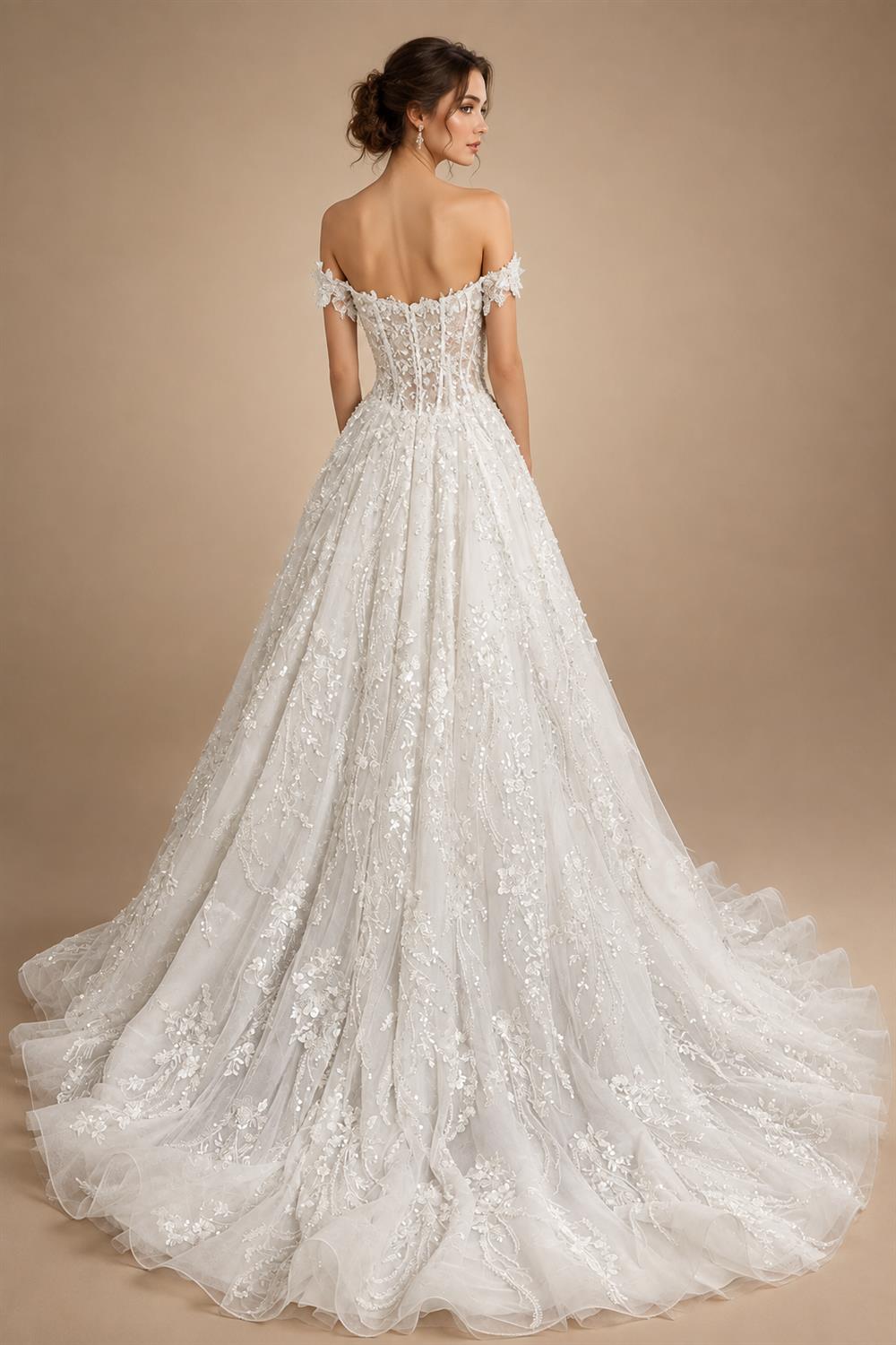 Luxury White Off-the-Shoulder Long Sleeve Lace Tulle Ball Gown Wedding Dress ZP068