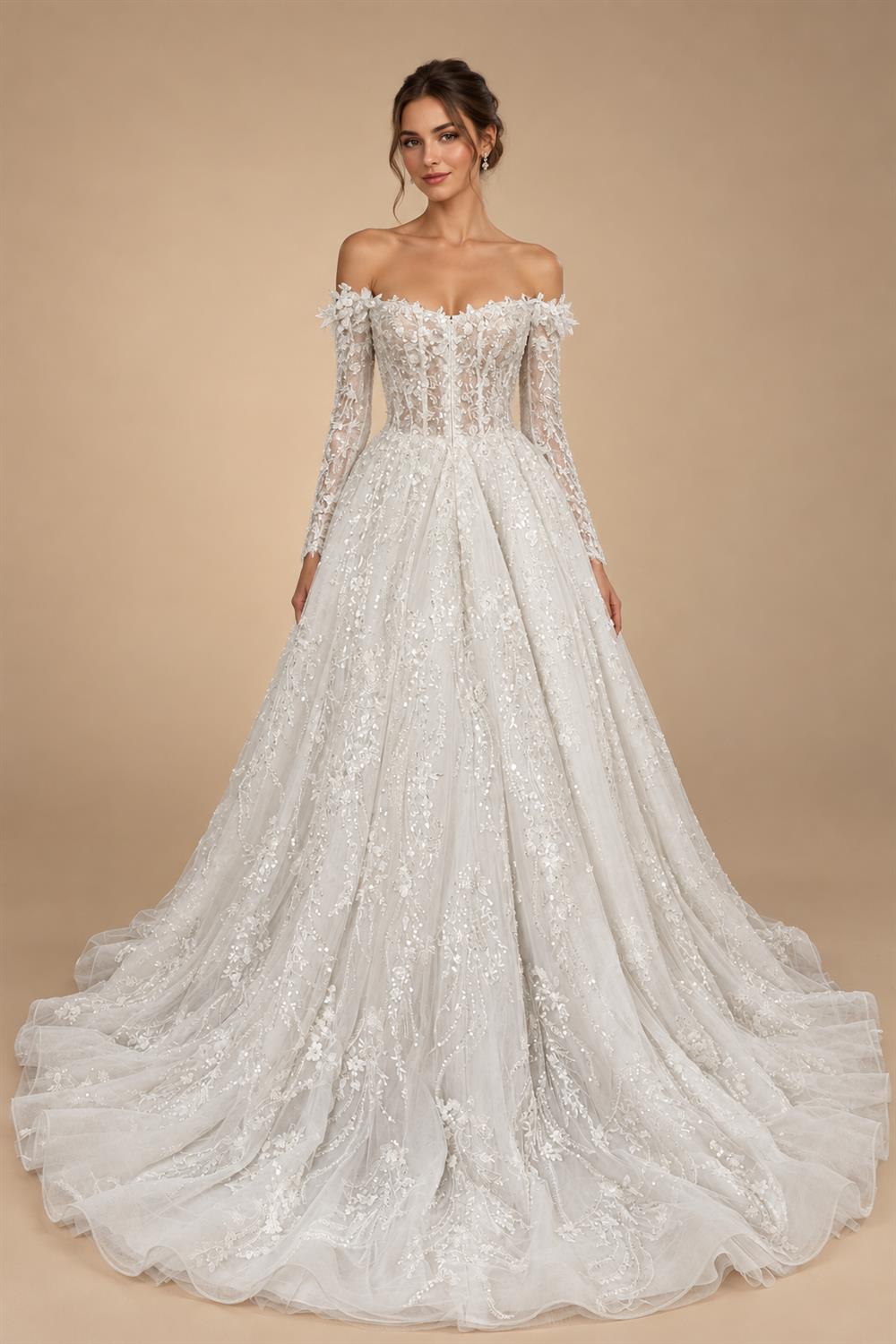 Luxury White Off-the-Shoulder Long Sleeve Lace Tulle Ball Gown Wedding Dress ZP068