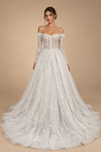 Luxury White Off-the-Shoulder Long Sleeve Lace Tulle Ball Gown Wedding Dress ZP068