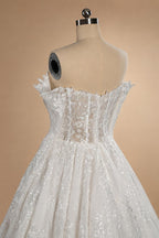 Luxury White Off-the-Shoulder Long Sleeve Lace Tulle Ball Gown Wedding Dress ZP068