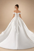 Luxury White Off-the-Shoulder Lace Satin Ball Gown Wedding Dress ZP069
