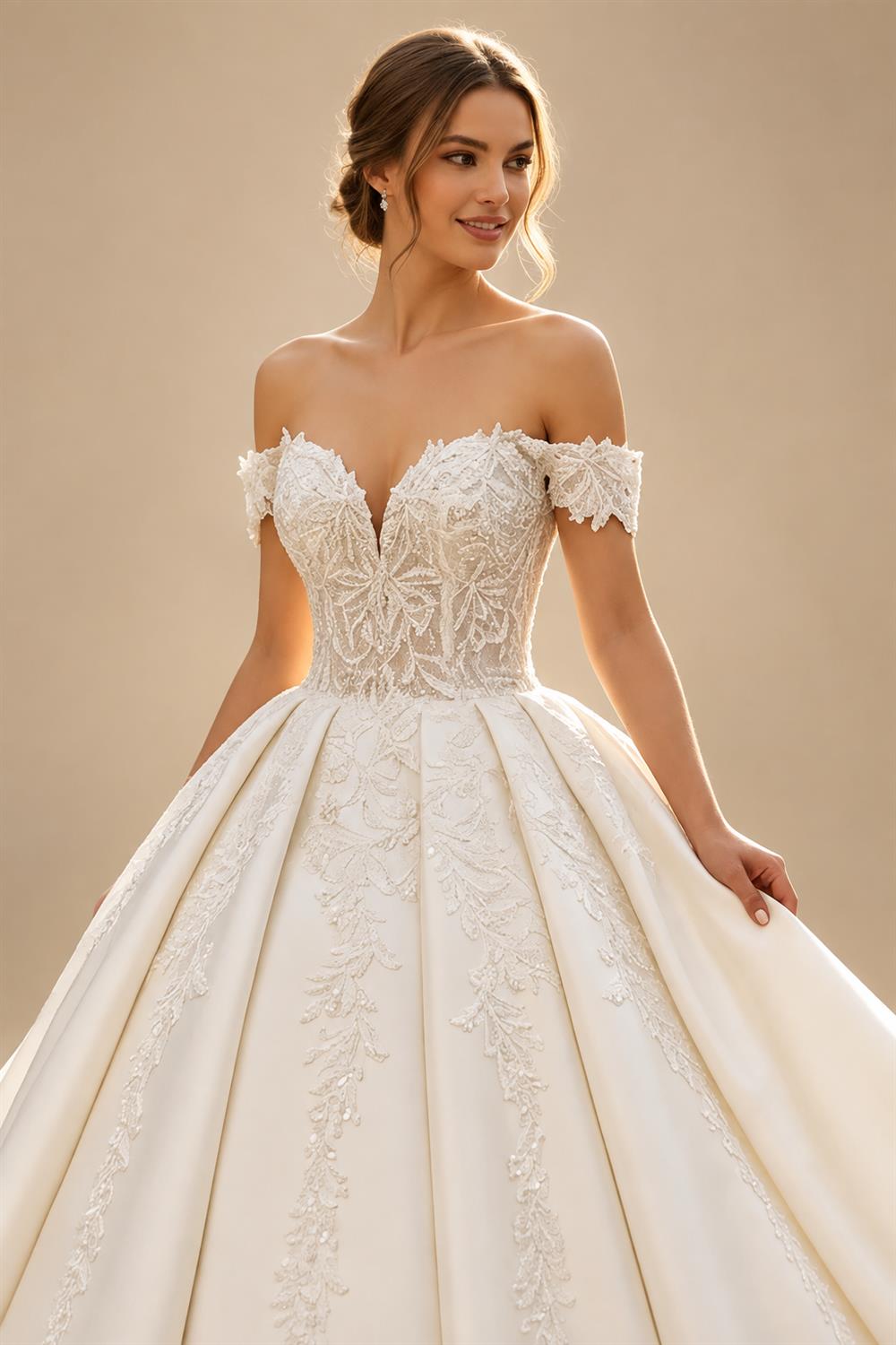 Luxury White Off-the-Shoulder Lace Satin Ball Gown Wedding Dress ZP069