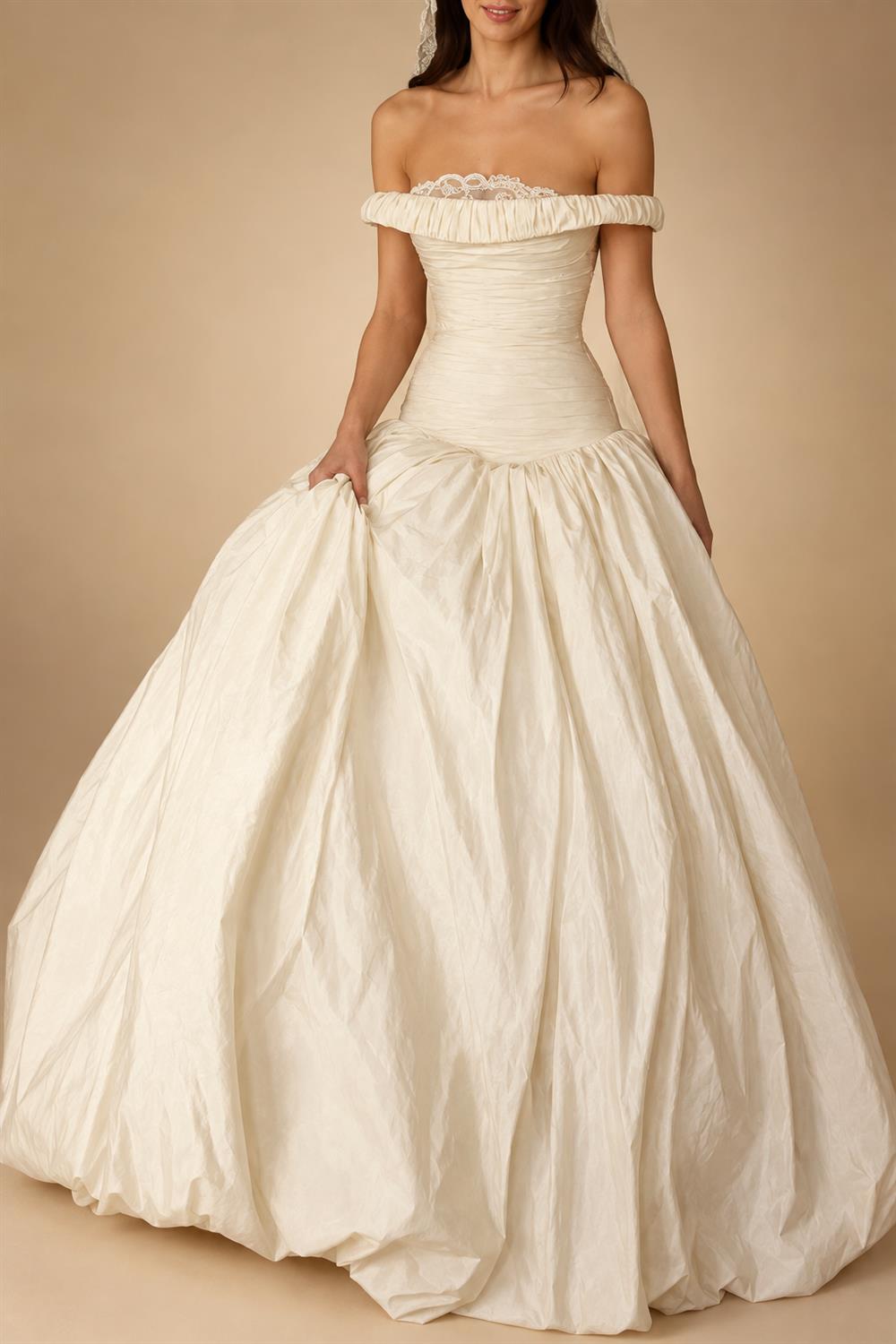 Elegant Ivory Strapless Ruched Satin Ball Gown Wedding Dress ZP070