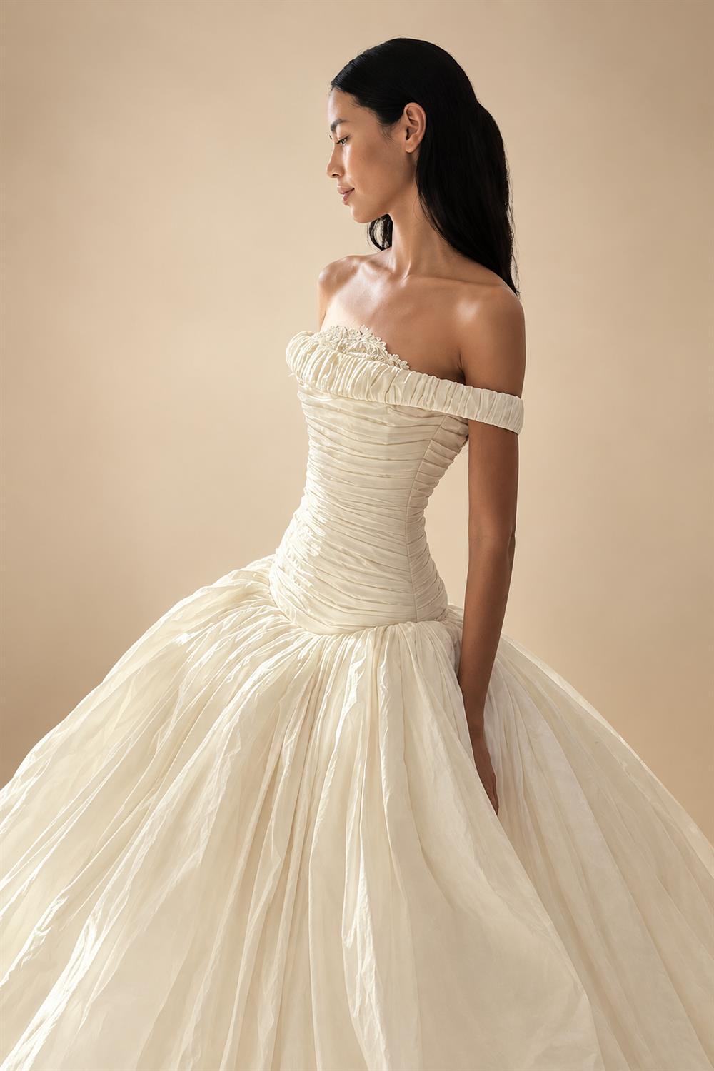 Elegant Ivory Strapless Ruched Satin Ball Gown Wedding Dress ZP070
