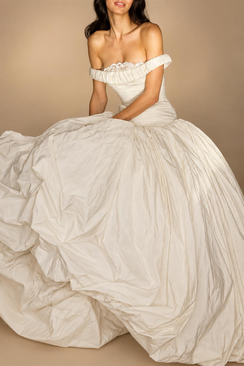 Elegant Ivory Strapless Ruched Satin Ball Gown Wedding Dress ZP070