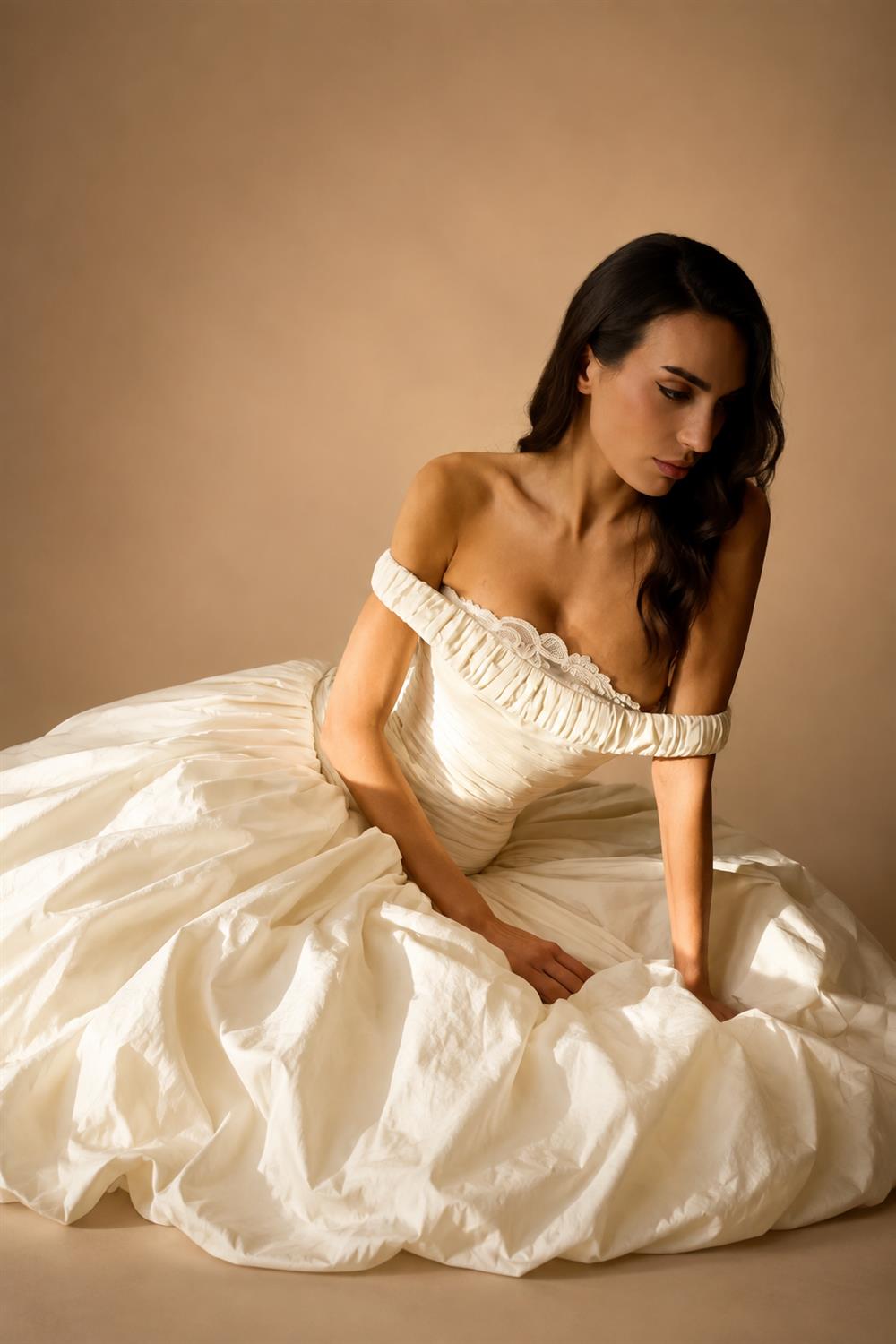 Elegant Ivory Strapless Ruched Satin Ball Gown Wedding Dress ZP070