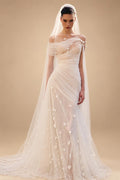 Elegant Off-the-Shoulder Ruched 3D Floral Wedding Dress with Veil ZP071