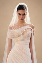 Elegant Off-the-Shoulder Ruched 3D Floral Wedding Dress with Veil ZP071