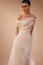Elegant Off-the-Shoulder Ruched 3D Floral Wedding Dress with Veil ZP071