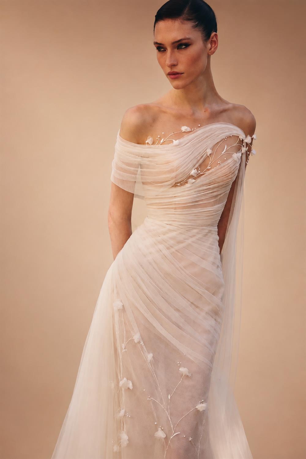 Elegant Off-the-Shoulder Ruched 3D Floral Wedding Dress with Veil ZP071