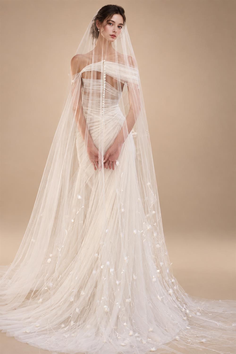 Elegant Off-the-Shoulder Ruched 3D Floral Wedding Dress with Veil ZP071