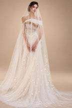Elegant Off-the-Shoulder Ruched 3D Floral Wedding Dress with Veil ZP071
