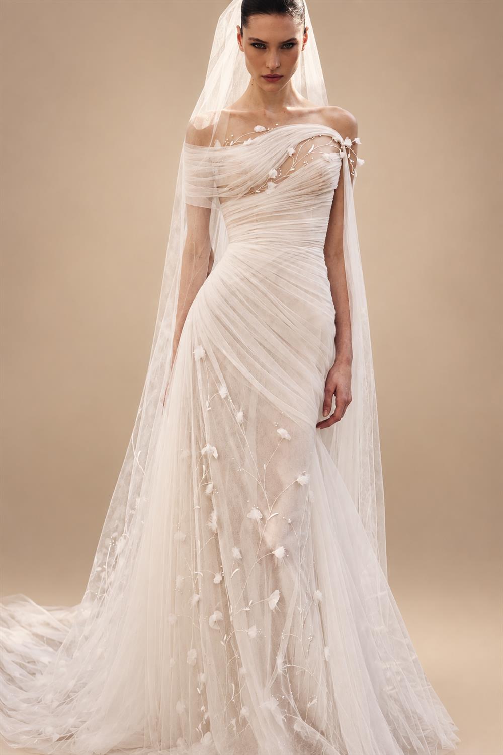 Elegant Off-the-Shoulder Ruched 3D Floral Wedding Dress with Veil ZP071