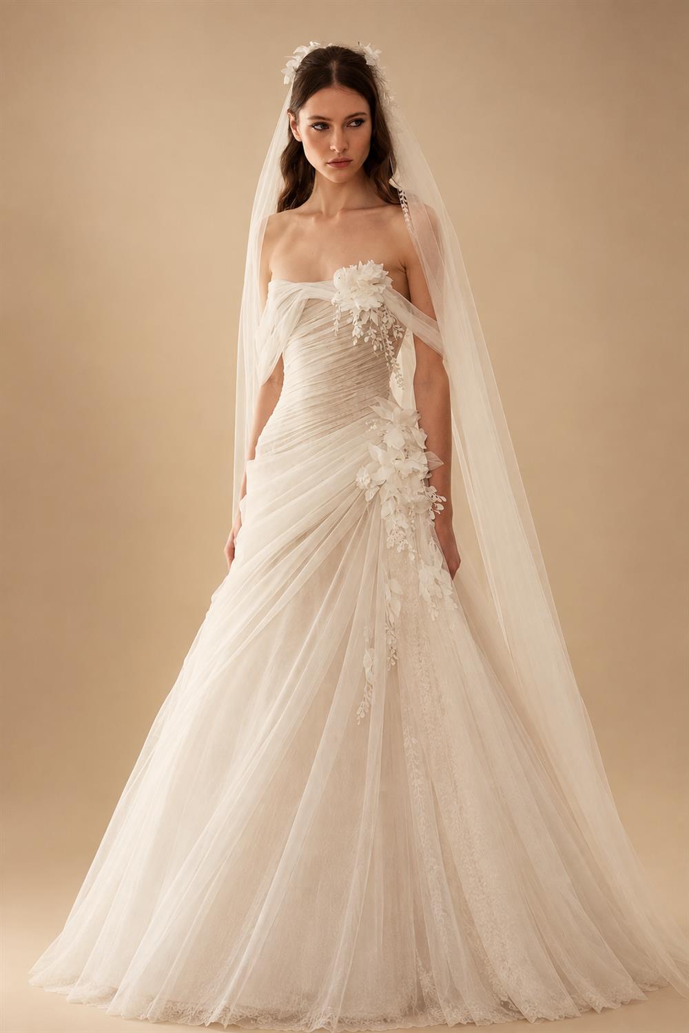 Dreamy Ivory Strapless 3D Floral Draped Wedding Dress with Veil ZP072