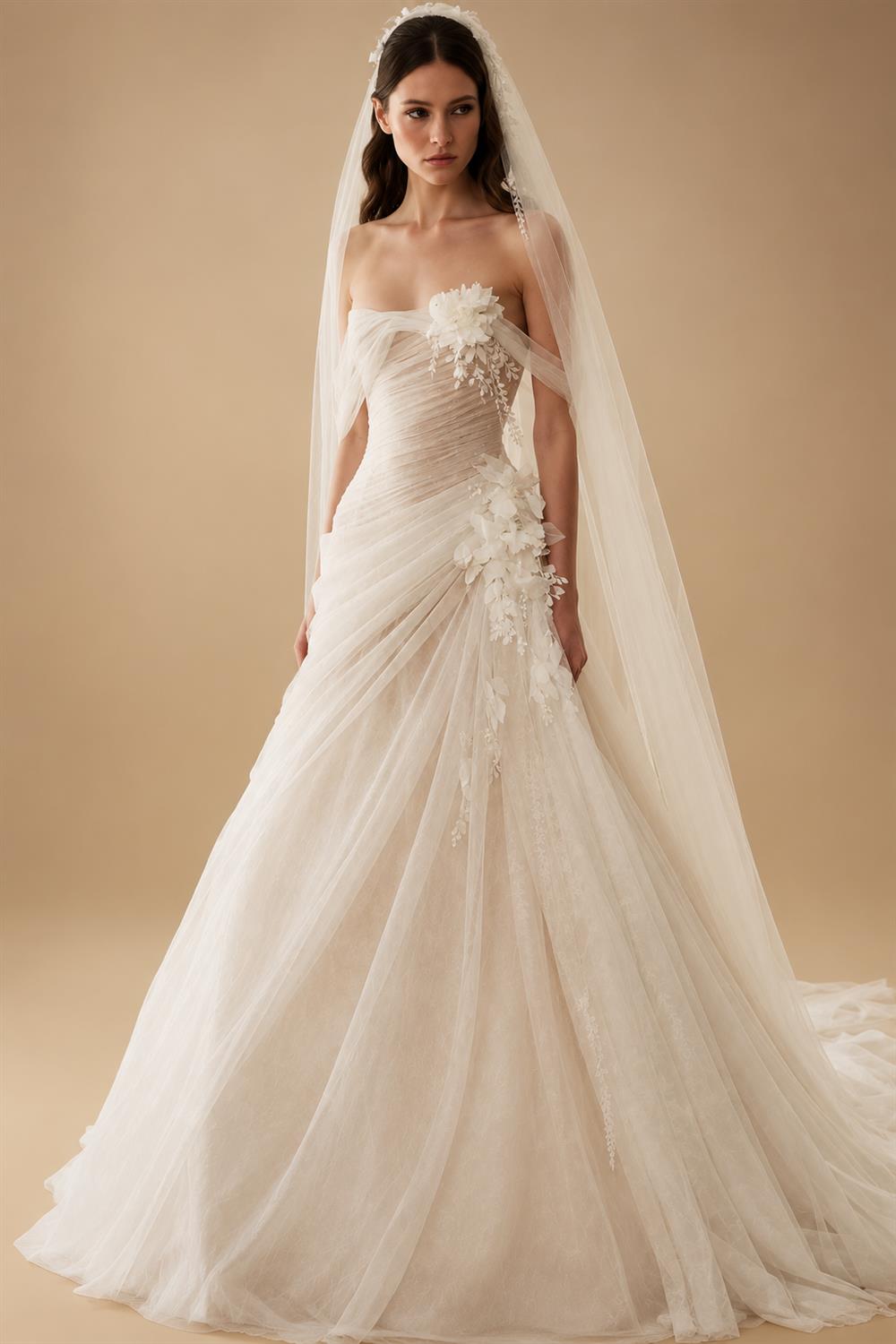 Dreamy Ivory Strapless 3D Floral Draped Wedding Dress with Veil ZP072