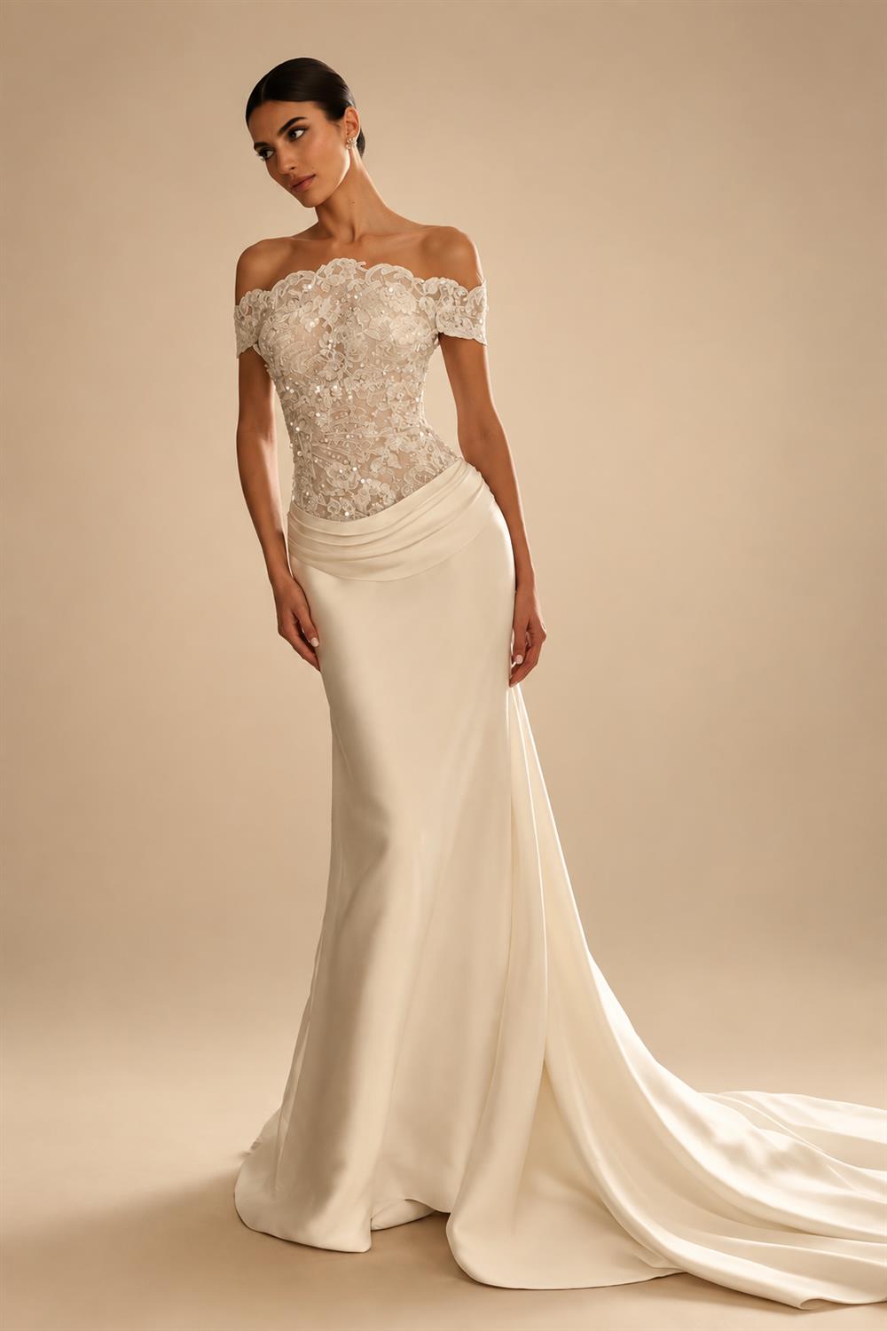 Luxury Ivory Off-the-Shoulder Lace and Satin Mermaid Wedding Dress with Veil ZP073