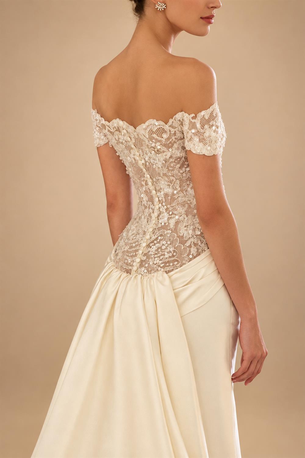 Luxury Ivory Off-the-Shoulder Lace and Satin Mermaid Wedding Dress with Veil ZP073