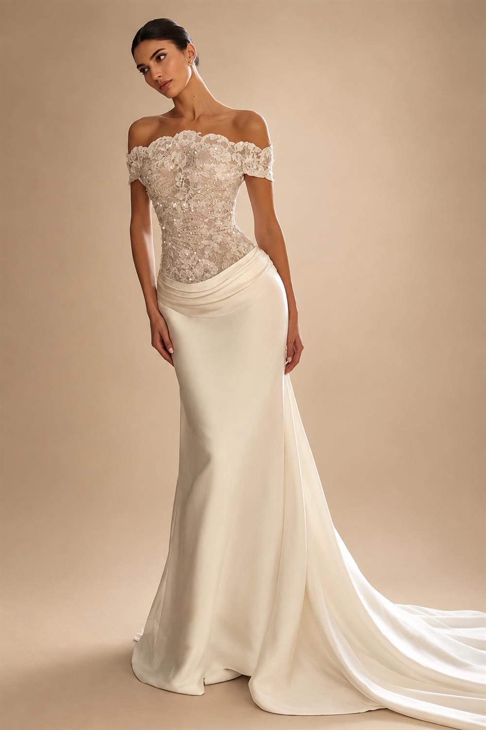 Luxury Ivory Off-the-Shoulder Lace and Satin Mermaid Wedding Dress with Veil ZP073