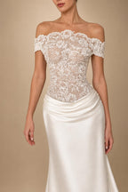 Luxury Ivory Off-the-Shoulder Lace and Satin Mermaid Wedding Dress with Veil ZP073