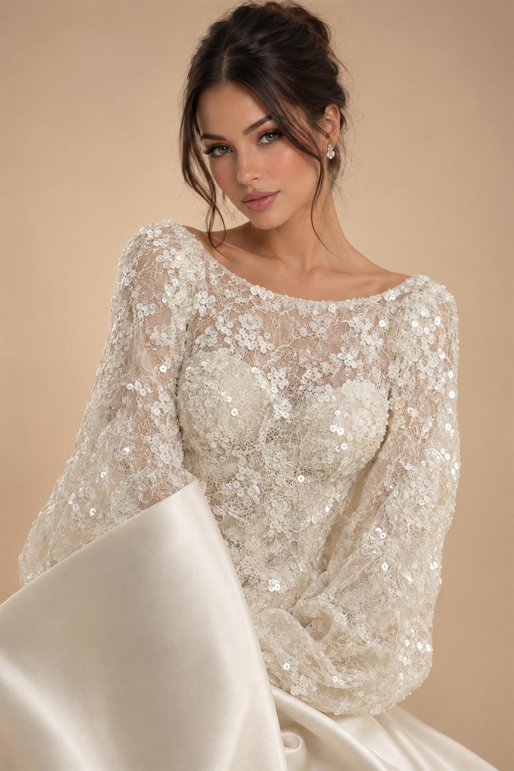 Luxury Ivory Off-the-Shoulder Lace and Satin Mermaid Wedding Dress with Veil ZP073