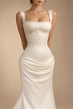 Luxury Ivory Off-the-Shoulder Lace and Satin Mermaid Wedding Dress with Veil ZP073