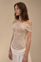 Luxury Ivory Off-the-Shoulder Lace and Satin Mermaid Wedding Dress with Veil ZP073