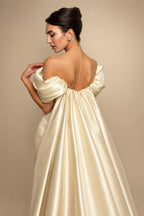 Luxury Ivory Off-the-Shoulder Satin Wedding Dress with Puff Sleeves ZP074